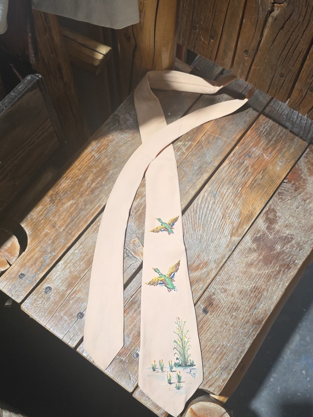 Vintage Pale Peach Silk Scarf Tie With EMBROIDERED Mallards